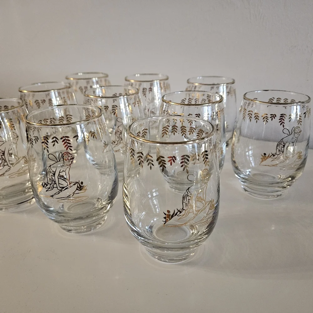 VTG 1950s LIBBEY White Rock Girl Gold Painted Stemless Glasses | Set of 10